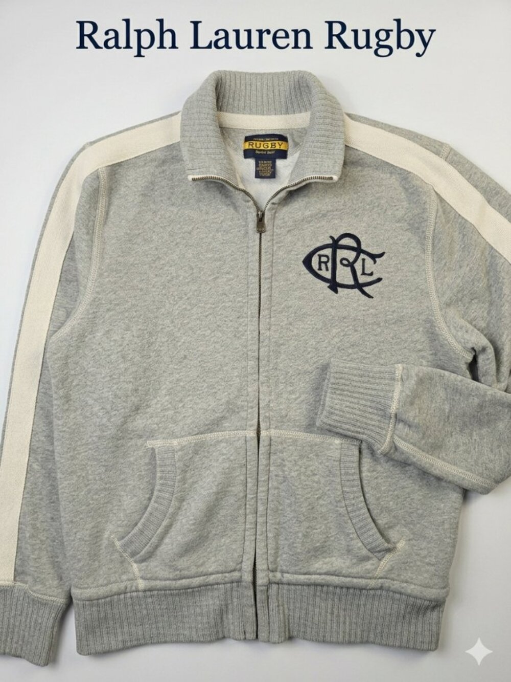 VTG Ralph Lauren Rugby Full Zip Track Jacket Sweatshirt Grey Monogram Crest